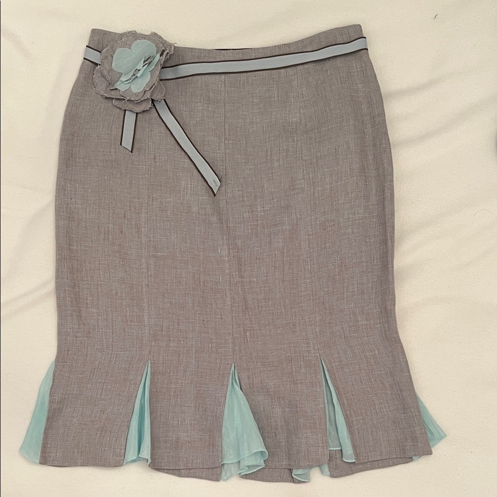 Cortefiel Brownish Gray Pencil Skirt with Teal Floral details